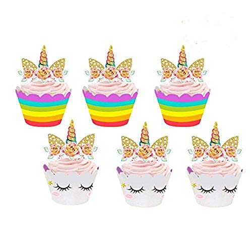 Blanketswarm 24 Piezas Unicornio Cupcake Toppers Expositor Cupcakes y Envolturas Doble Cara Niños Fiesta Pastel Decoraciones