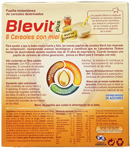 Blevit Plus 8 Cereales Miel, 1 unidad 600 gr. A partir de los 5 meses.