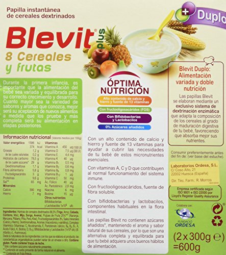 Blevit Plus Duplo 8 Cereales y Frutas, 1 unidad 600 gr. A partir de los 5 meses, contiene gluten.