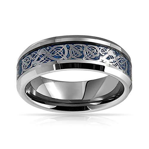 Bling Jewelry Azul Plata Tono Celta Nudo dragón Inlay Parejas Titanium Anillos de la Banda de Boda para los Hombres para Las Mujeres Comodidad Ajuste 8MM