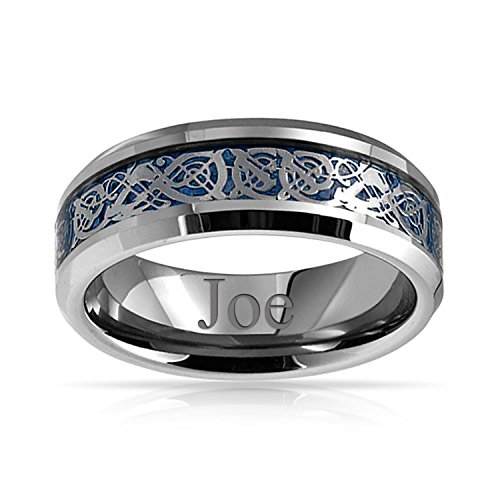 Bling Jewelry Azul Plata Tono Celta Nudo dragón Inlay Parejas Titanium Anillos de la Banda de Boda para los Hombres para Las Mujeres Comodidad Ajuste 8MM