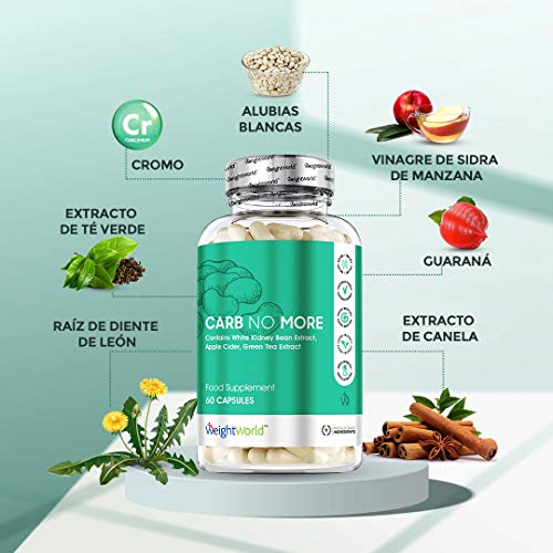 Bloqueador de Carbohidratos Carb No More | Suplemento Natural Bloqueador de Carbohidratos y Grasa | Apoyo a Bajar de Peso y Adelgazar | Con Vitaminas Minerales y Proteínas | 60 Cápsulas | WeightWorld