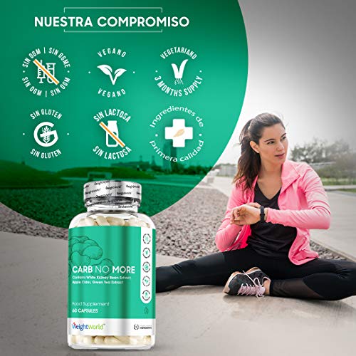 Bloqueador de Carbohidratos Carb No More | Suplemento Natural Bloqueador de Carbohidratos y Grasa | Apoyo a Bajar de Peso y Adelgazar | Con Vitaminas Minerales y Proteínas | 60 Cápsulas | WeightWorld