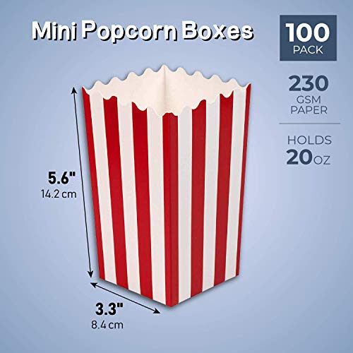 Blue Panda Mini cajas de palomitas de maíz (juego de 100) - Contenedores para eventos especiales, Noches de cine, Cumpleaños - Rojo y blanco, 20 onzas, 3.3 x 5.6 pulgadas