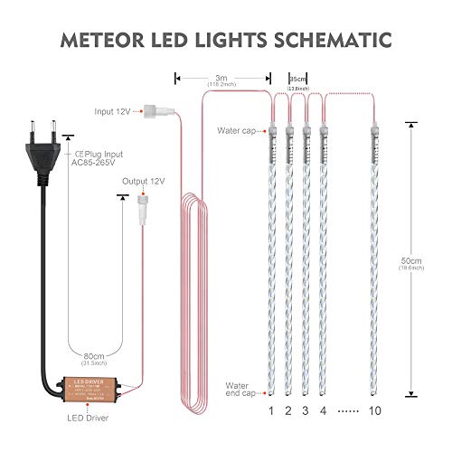 BlueFire Mejorada Meteoros Lluvia Luces, Impermeabilizan 50cm 10 Tubos 540 LED de Luces Led Con Enchufe de la EU para Festival de Decoración del árbol de Jardin de Navidad (Blanco)