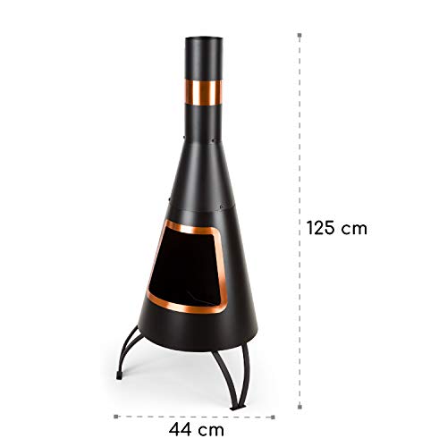 blumfeldt Volantis Cupric - Chimenea de Patio, Horno de terraza, FireView, Acero, Inoxidable, Diseño Moderno con Partes en Cobre, Estable, Antivuelco, Parrila para carbón y atizador, Negro