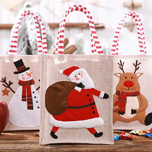 Bolsa de Arpillera Navideña de 3 Piezas Bolsa de Mano Reutilizable Muñeco de Nieve Bolso de Compras de Renos de Papá Noel Bolsa de Mercado Ecológica con asa Bolsa de regalo de Navidad Bolsa de dulces