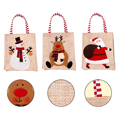 Bolsa de Arpillera Navideña de 3 Piezas Bolsa de Mano Reutilizable Muñeco de Nieve Bolso de Compras de Renos de Papá Noel Bolsa de Mercado Ecológica con asa Bolsa de regalo de Navidad Bolsa de dulces