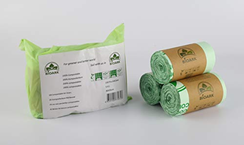 Bolsa de basura biodegradable 100 % BIOARK, 5-6 litros, 150 unidades, extragruesa, biodegradable y compostable, con certificado EN 13432 TUV Home ok Compost