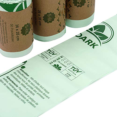 Bolsa de basura biodegradable 100 % BIOARK, 5-6 litros, 150 unidades, extragruesa, biodegradable y compostable, con certificado EN 13432 TUV Home ok Compost