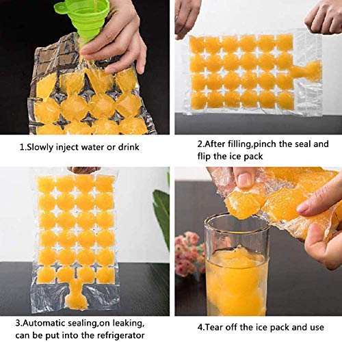 Bolsa de cubitos de hielo desechable: 100 moldes de cubitos de hielo, que se pueden sellar automáticamente para whisky, cócteles, bebidas, cocina, barbacoa y viajes (transparente, 1 embudo)