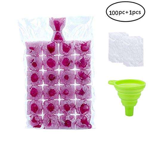 Bolsa de cubitos de hielo desechable: 100 moldes de cubitos de hielo, que se pueden sellar automáticamente para whisky, cócteles, bebidas, cocina, barbacoa y viajes (transparente, 1 embudo)