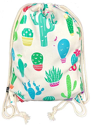 Bolsa de gimnasia para mujeres y niñas en algodón (blanco) - impresa por ambos lados con motivos de cactus - para uso diario, viajes y deportes - adecuada como bolsa de gimnasia, mochila, bolsa de dep