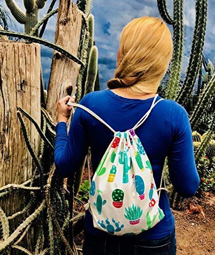 Bolsa de gimnasia para mujeres y niñas en algodón (blanco) - impresa por ambos lados con motivos de cactus - para uso diario, viajes y deportes - adecuada como bolsa de gimnasia, mochila, bolsa de dep