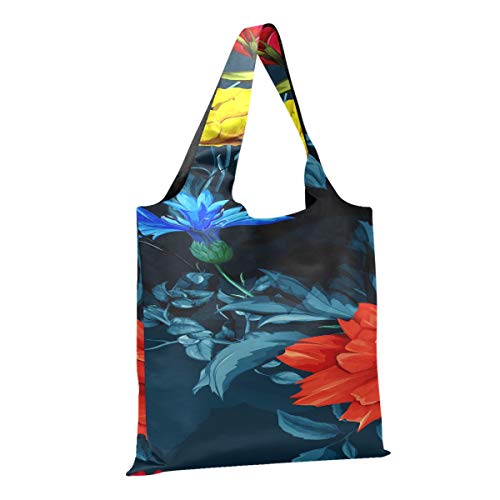 Bolsa de playa de lona colorida hermosa flor campo de amapolas comestibles bolso de mano plegable bolso de viaje de lona bolsas de compras reutilizables de poliéster, lavables, duraderas y ligeras