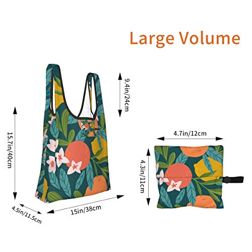 Bolsas de comestibles reutilizables Fruta tropical de verano Patrón sin costuras Árbol de cítricos en estilo dibujado a mano Lavable Impermeable Ligero 25X15 pulgadas