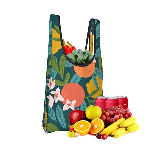 Bolsas de comestibles reutilizables Fruta tropical de verano Patrón sin costuras Árbol de cítricos en estilo dibujado a mano Lavable Impermeable Ligero 25X15 pulgadas