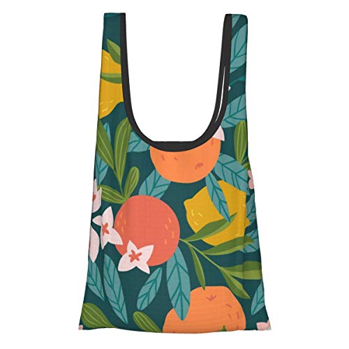 Bolsas de comestibles reutilizables Fruta tropical de verano Patrón sin costuras Árbol de cítricos en estilo dibujado a mano Lavable Impermeable Ligero 25X15 pulgadas