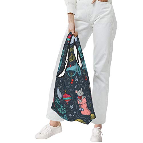 Bolsas de comestibles reutilizables Patrón vectorial de decoraciones navideñas Pipa de dibujo a mano, estrellas, muñeco de nieve lavable impermeable ligero 25X15 pulgadas