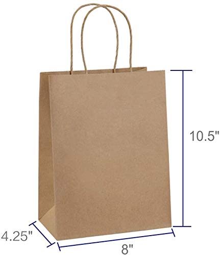 Bolsas de Regalo Kraft, Bolsas de Papel Reciclado para Fiestas, Fiestas de Cumpleaños, Bodas, Navidad, Bolsas de Compras, con Asas de 8 x 4,75 x 10,5 Pulgada 50 Piezas