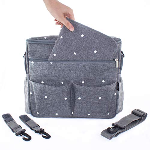 Bolso cambiador para carrito de bebé. Organizador con interior térmico, ganchos y correa universal. Compacto y moderno. Gris/estrellas.