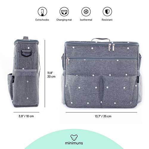 Bolso cambiador para carrito de bebé. Organizador con interior térmico, ganchos y correa universal. Compacto y moderno. Gris/estrellas.