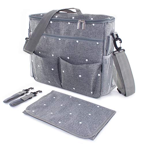 Bolso cambiador para carrito de bebé. Organizador con interior térmico, ganchos y correa universal. Compacto y moderno. Gris/estrellas.