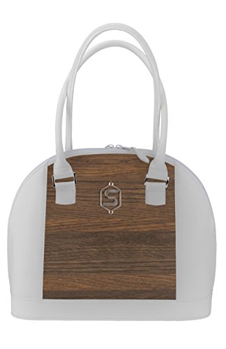 Bolso de mano "ABBEY" | Fabricado con madera auténtica tipo roble ahumado y cuero de ternera | Mujer Cartera Nude Negro Blanco | By Sebastian Sturm (Blanco)