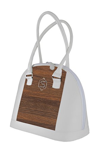 Bolso de mano "ABBEY" | Fabricado con madera auténtica tipo roble ahumado y cuero de ternera | Mujer Cartera Nude Negro Blanco | By Sebastian Sturm (Blanco)