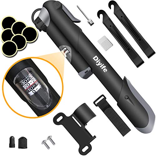 Bomba Para Bicicleta Con Manómetro, [120 PSI] Diyife Mini Bomba De Bicicleta [Set Completo Perfecto], Con Aguja, Kit De Parche, Tapas De VáLvulas Y Montura De Marco Para Presta Y Schrader