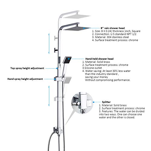 BONADE Columna de Ducha Acero Inoxidable Sistema de Ducha de Baño con Lluvia Conjunto de Ducha o Bañera Cuadrado con Alcachofa Fija y Manual Set de Ducha con Inversor