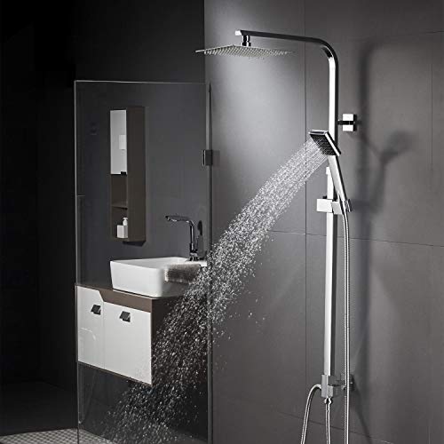 BONADE Columna de Ducha Acero Inoxidable Sistema de Ducha de Baño con Lluvia Conjunto de Ducha o Bañera Cuadrado con Alcachofa Fija y Manual Set de Ducha con Inversor