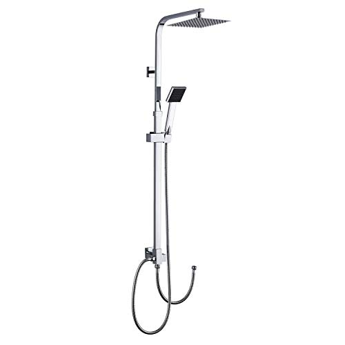 BONADE Cuadrado Columna de Duchas Conjunto de Ducha sin Grifo, Plateado Sistema de Ducha SUS304 Acero inoxidable Ducha de Lluvia y Ducha de Mano Barra Adjustable, Agua Fría y Caliente