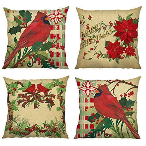 Bonhause Juego de 4 Funda de Cojín 45x45cm Cardenal de Navideños Tartán Flor de Pascua Flores de Navidad Algodón Lino Funda de Almohada para Cojín Decorativos para Sofá Decoración del Hogar de Navidad