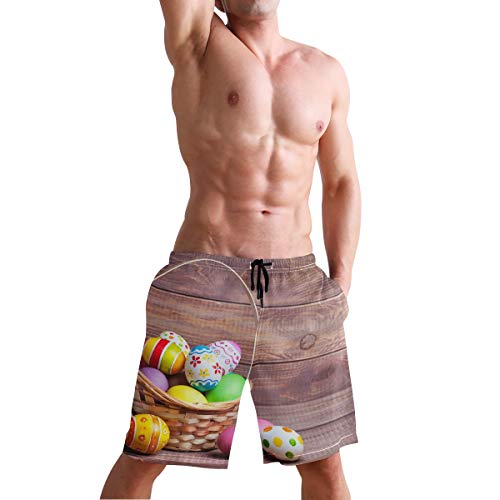 BONIPE - Bañador para hombre, diseño con texto en inglés "Happy Easter", color madera de huevo de secado rápido, con cordón y bolsillos Multicolor multicolor M