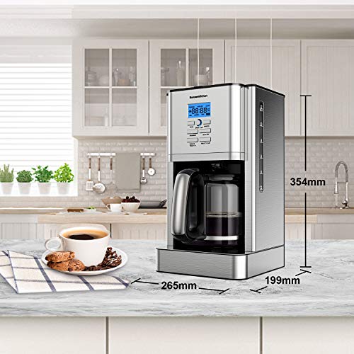 Bonsenkitchen Cafetera de Goteo Programable de Acero Inoxidable, Cafetera de Filtro con 12 Tazas de Jarra de Vidrio, Maquina de Cafe Electrica de 1000 W con Función de Temporizador (CM8903, 1.8L)