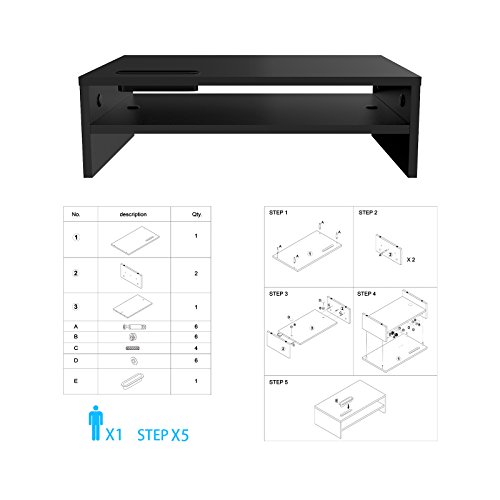 BONTEC Soporte Monitor Mesa Elevador Monitor Soporte Portatil Ordenador 2 Niveles Negro, W420 x D235 x H142mm con Soporte para Teléfono Inteligente y Gestión de Cables