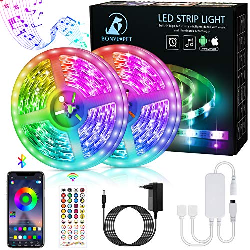 Bonve Pet 12M Tiras LED RGB 5050, Bluetooth Musical Tiras LED 12V Tiras de Luces LED Iluminación, Control de APP y Remoto Control de 40 Teclas,16 Millones de Colores, Modo Temporizador