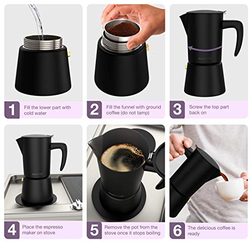 bonVIVO Intenca Cafetera Italiana Express De Inducción De Acero Inoxidable con Acabado Negro, para Espresso con Mucho Cuerpo, Cafetera Moka Clásica, para 6 Tazas De Espresso