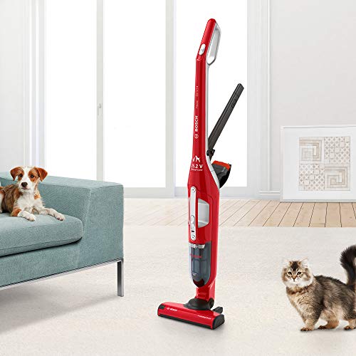 Bosch Flexxo Serie 4 BBH3ZOO25 Aspirador escoba 2 en 1, sin cable y de mano, autonomía de 55 minutos, especial animales con accesorios extra, color rojo