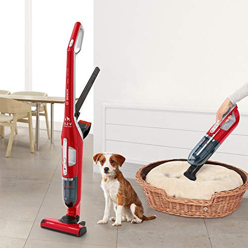 Bosch Flexxo Serie 4 BBH3ZOO25 Aspirador escoba 2 en 1, sin cable y de mano, autonomía de 55 minutos, especial animales con accesorios extra, color rojo