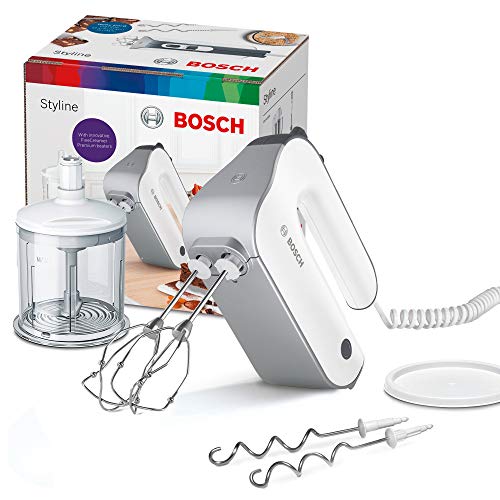 Bosch MFQ4850 Batidora amasadora Styline, con varillas batidoras y amasadoras y picadora, 575 W, 5 Velocidades, Blanco