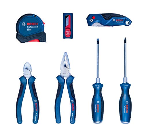 Bosch Professional- Set de herramientas de mano 16 pzs (destornilladores, alicates, cúter, cinta métrica, en estuche)