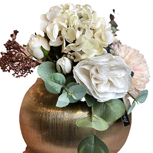 BOTANIC DESSIGN Ramo Flores Artificial JARRÓN Decorativo Incluido Arreglo Floral Artificial con Hortensia y Rosas Color Blanco Puro,Dalia Color Rosa Claro y Tallos de eucalipto para decoración hogar