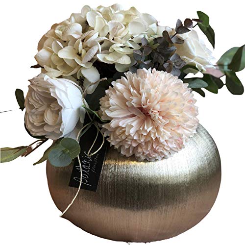 BOTANIC DESSIGN Ramo Flores Artificial JARRÓN Decorativo Incluido Arreglo Floral Artificial con Hortensia y Rosas Color Blanco Puro,Dalia Color Rosa Claro y Tallos de eucalipto para decoración hogar