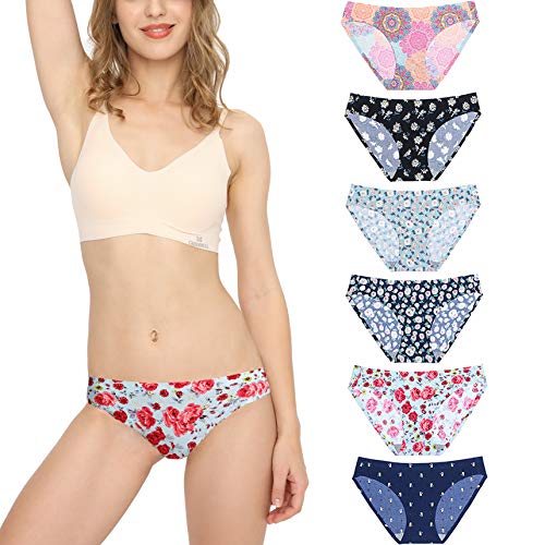 Bragas Mujer sin Costuras Invisible Señoras Braguitas Low Rise Suave Ligera Bikini Braguitas, Pack de 6 Flor XL