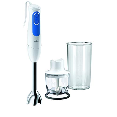 Braun Minipimer 3020 Batidora de mano, pié metálico, 2 velocidades, campana antisalpicaduras, 2 accesorios, minipicadora 350 ml, 700 W, 600 milliliters, Metal, blanco y azul