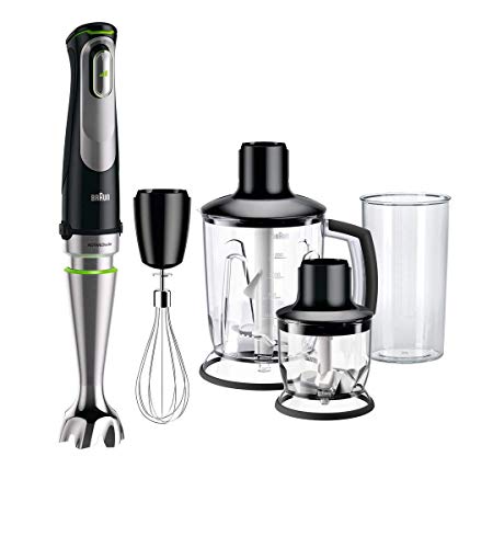 Braun Minipimer 9045 - Batidora de mano, 1000 W, 4 accesorios (batidora vaso 1.25L, minipicadora 350ml, varillas, vaso medidor 600ml), velocidad automática, tecnología Active Blade