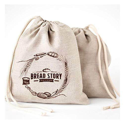 Bread Story Bolsas de Pan de Lino - 2 Unidades 11 x 15 Speical Art Diseño sin blanquear Lino Reutilizable Alimentos Almacenamiento para casa artesana Pan