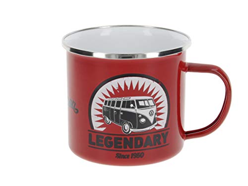 BRISA VW Collection - Volkswagen Furgoneta Hippie Bus T1 Van Taza de Café metálica Esmaltada en Caja de regalo, Copa de Té, Decoración de la Mesa/Outdoor/Camping/Souvenir (Vintage Logo/Rojo)